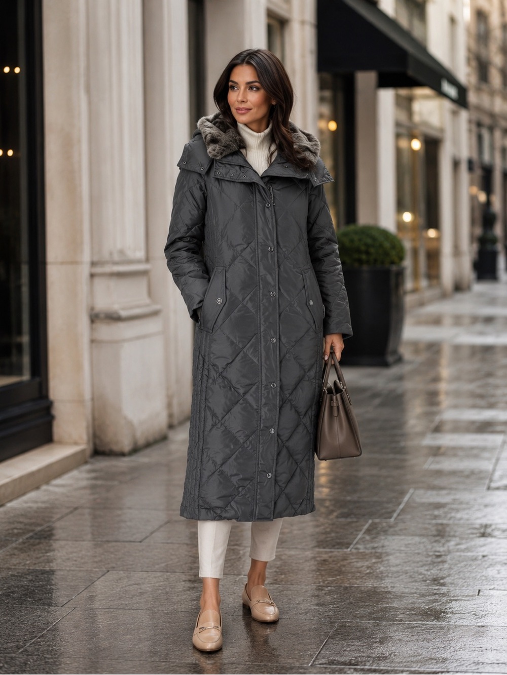 LONDON FOG Women's Gray Faux Fur Hooded Long Quilted Puffer Coat 1X